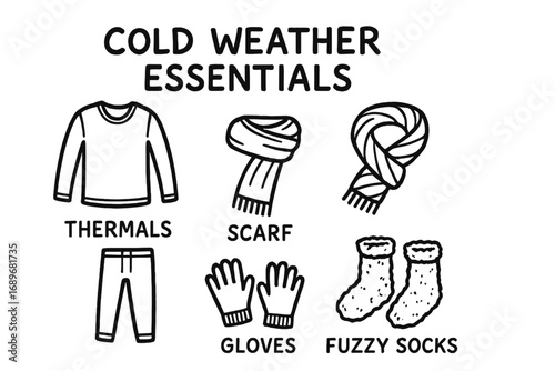 Cozy Winter Icons. Cold weather essentials doodle set: hand drawn icons for thermals, scarves, gloves, and fuzzy socks, isolated