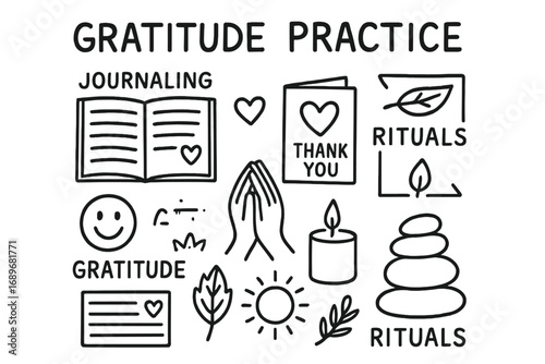 Gratitude Doodle Icons. Gratitude practice doodle set: hand drawn icons for thankful journaling, note cards, and rituals, isolated