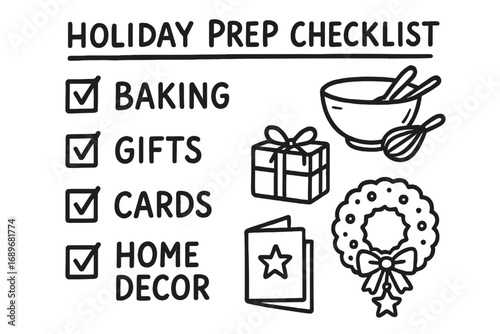 Holiday Prep Doodles. Holiday prep checklist doodle set: hand drawn icons for baking plans, gifts, cards, and home decor, isolated
