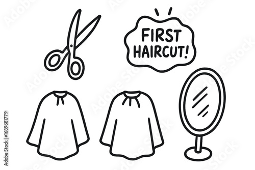 First Haircut Icons. First haircut doodle set: hand drawn icons for scissors, capes, mirrors, and little milestones, isolated