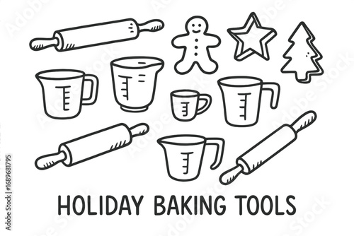 Baking Tools Doodle. Holiday baking tools doodle set: hand drawn icons for rolling pins, cookie cutters, and measuring cups,