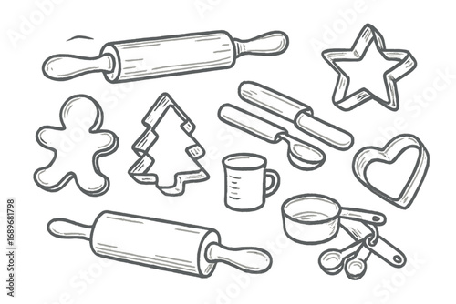 Baking Tools Doodle. Holiday baking tools doodle set: hand drawn icons for rolling pins, cookie cutters, and measuring cups,