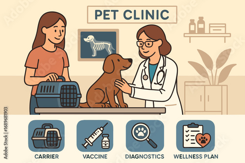 Pet Healthcare Essentials. Vector illustration featuring pet clinic scene and full pet healthcare icon set for carriers, vaccines,