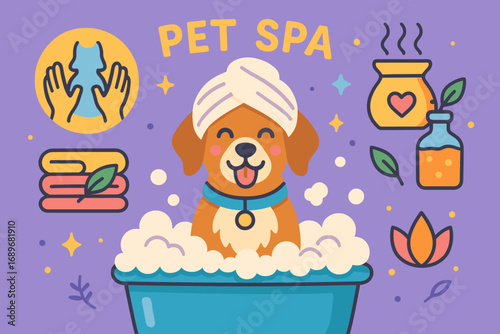Dog's Luxurious Spa Day. Colorful scene showing dog at pet spa and pampering icon set for massage, towels, scents and relaxation