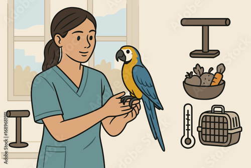 Veterinary Bird Care Icons. Scene showing vet tech handling a bird and avian care icon set for perches, diets, thermometers and
