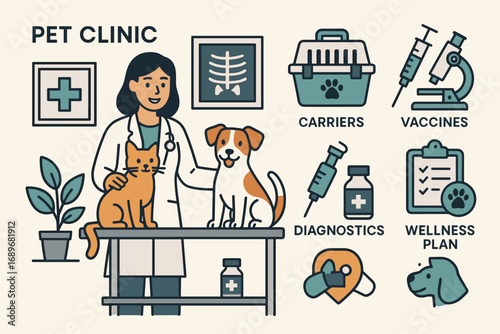 Pet Healthcare Essentials. Vector illustration featuring pet clinic scene and full pet healthcare icon set for carriers, vaccines,