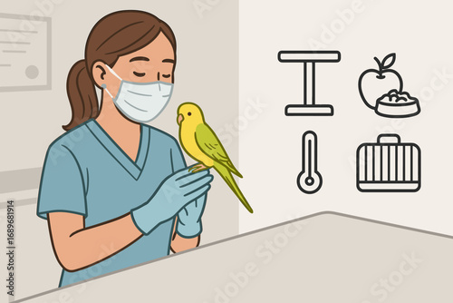 Veterinary Bird Care Icons. Scene showing vet tech handling a bird and avian care icon set for perches, diets, thermometers and