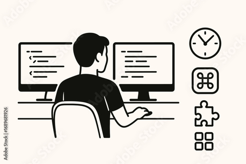 Developer Workspace Productivity. Minimalist banner showing developer with dual monitors and productivity icon set for time