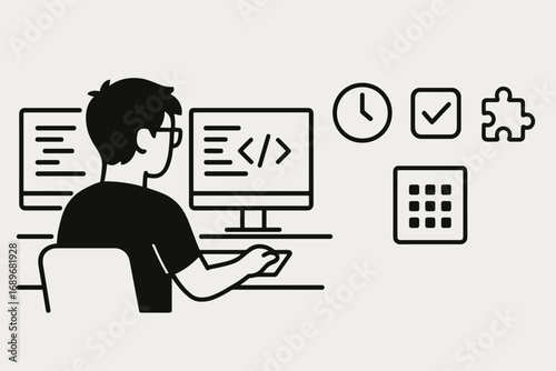 Developer Workspace Productivity. Minimalist banner showing developer with dual monitors and productivity icon set for time