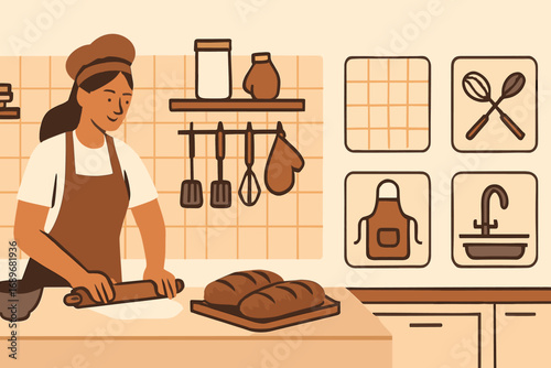 Open Kitchen Banner. Modern horizontal banner featuring woman working in open kitchen and bakery environment icon set for tiles,