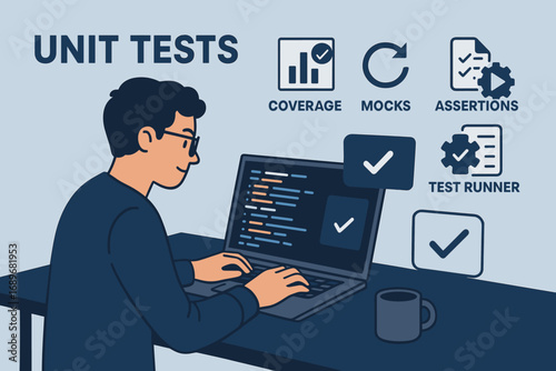 Unit Testing Essentials. Banner with coder writing unit tests and testing icon set for coverage, mocks, assertions and test