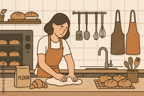 Open Kitchen Banner. Modern horizontal banner featuring woman working in open kitchen and bakery environment icon set for tiles,