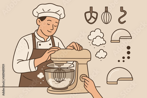 Baker's Stand Mixer Essentials. Illustration of baker using stand mixer and mixing icon set for blades, speeds, flour clouds and