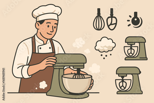 Baker's Stand Mixer Essentials. Illustration of baker using stand mixer and mixing icon set for blades, speeds, flour clouds and