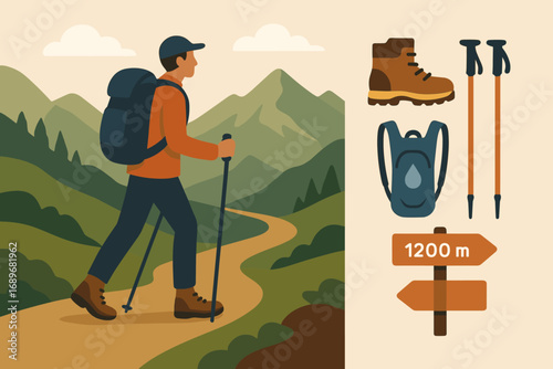 Mountain Hike Adventure. Flat vector illustration featuring hiker on mountain trail and hiking gear icon set for boots, poles,