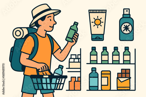 Travel Essentials Shopping. Clean vector illustration of tourist shopping for supplies and travel prep icon set for sunscreen, bug