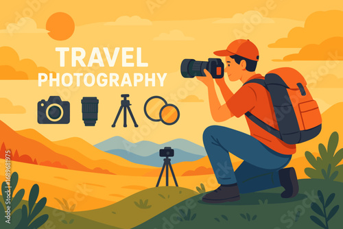 Travel Photography Essentials. Bright banner portraying traveler capturing scenery and travel photography icon set for DSLRs,