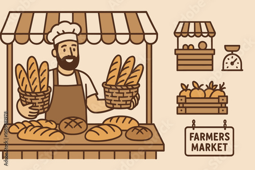 Market Bread and Stalls. Horizontal vector panel with baker selling bread at market and farmers’ market icon set for stalls,