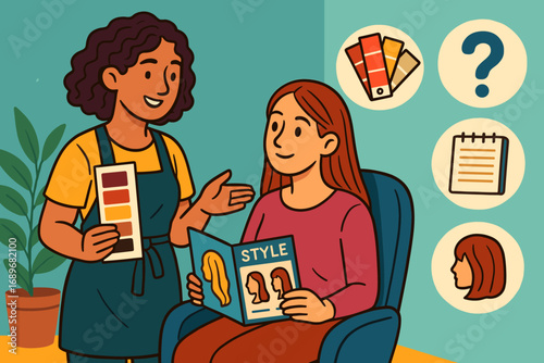 Hair Consultation Scene. Colorful scene of stylist consulting client and hair consultation icon set for color swatches, style