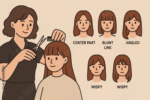 Fringe Haircut Styles. Horizontal vector artwork of hairdresser doing fringe cut and fringe style icon set for center part, blunt