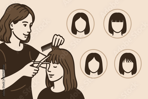 Fringe Haircut Styles. Horizontal vector artwork of hairdresser doing fringe cut and fringe style icon set for center part, blunt