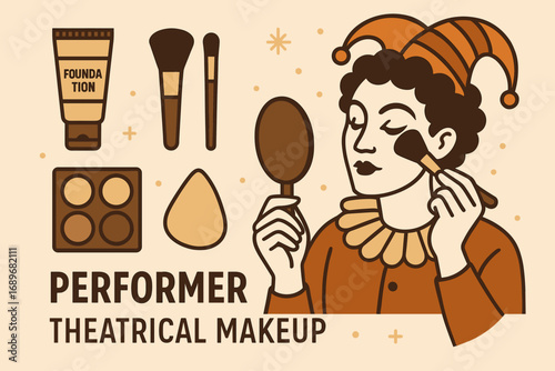 Theatrical Makeup Essentials. Creative vector layout with performer applying makeup and theatrical makeup icon set for foundation,