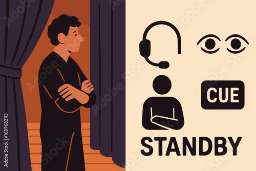 Actor's Backstage Standby. Stylized flat vector of actor waiting in wings and standby icon set for headset, eyes, waiting posture
