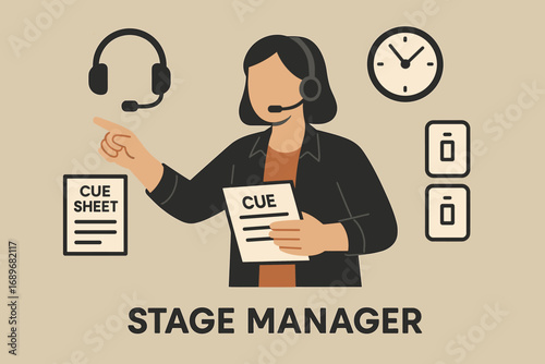 Stage Manager Essentials. Flat design banner featuring stage manager giving cues and direction icon set for headset, cue sheet,