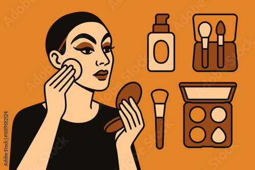 Theatrical Makeup Essentials. Creative vector layout with performer applying makeup and theatrical makeup icon set for foundation,