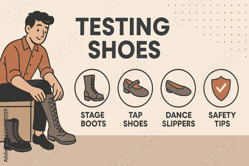 Footwear Icons for Actors. Modern banner depicting actor testing shoes and footwear icon set for stage boots, tap shoes, dance