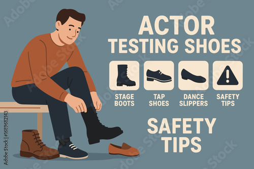 Footwear Icons for Actors. Modern banner depicting actor testing shoes and footwear icon set for stage boots, tap shoes, dance