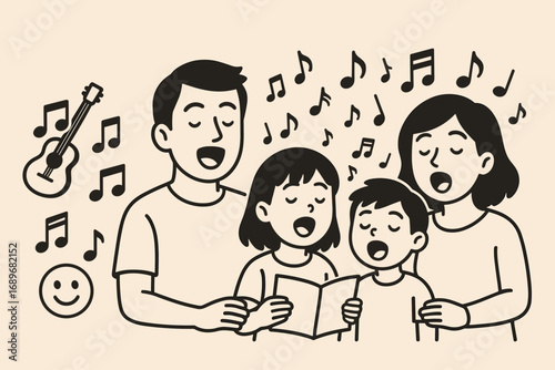 Family Singing Joyfully. Horizontal vector artwork of family singing together and music icon set for guitar, notes, rhythm and