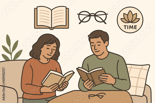 Peaceful Reading Time. Scene with parents reading books and quiet time icon set for open book, reading glasses, picnic pillow and
