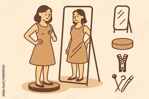 Dress Fitting Elements. Creative vector layout with customer trying on dress and fitting icon set for mirror, platform, zippers