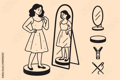 Dress Fitting Elements. Creative vector layout with customer trying on dress and fitting icon set for mirror, platform, zippers