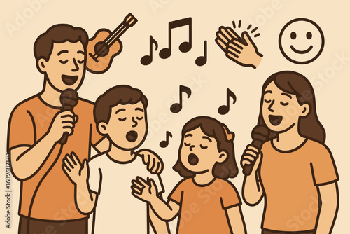 Family Singing Joyfully. Horizontal vector artwork of family singing together and music icon set for guitar, notes, rhythm and