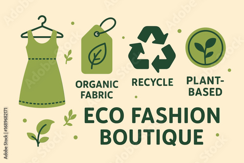 Eco Fashion Boutique. Flat design banner featuring boutique offering eco fashion and sustainable clothing icon set for organic