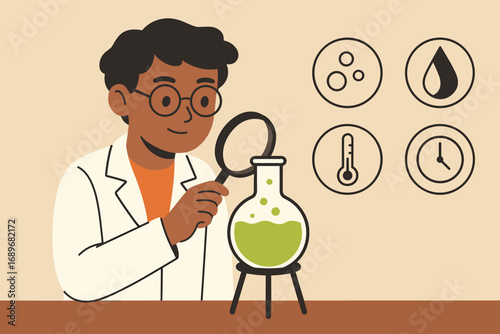 Student Observes Chemistry. Flat vector illustration featuring student observing chemical reaction and reaction icon set for
