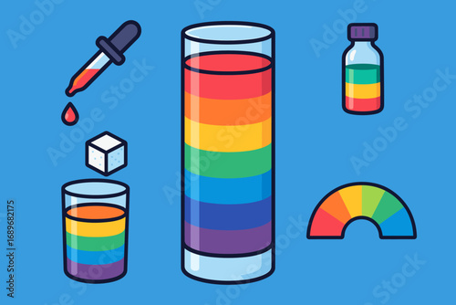 Colorful Liquid Layers. Bright banner portraying rainbow density column and liquid layers icon set for dropper, sugar gradient,