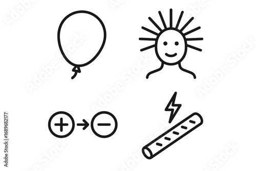 Static Electricity Experiment. Clean vector illustration of static electricity test and physics experiment icon set for balloon,