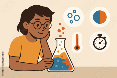 Student Observes Chemistry. Flat vector illustration featuring student observing chemical reaction and reaction icon set for