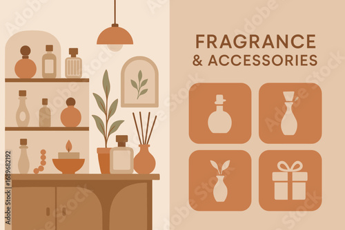 Fragrance and Accessories Display. Modern banner depicting boutique’s fragrance and accessories corner and ambiance icon set for