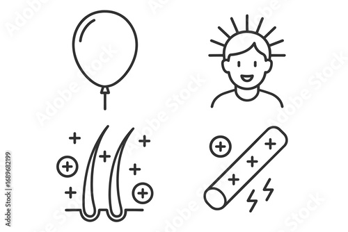 Static Electricity Experiment. Clean vector illustration of static electricity test and physics experiment icon set for balloon,