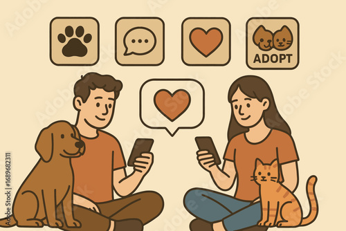 Pet Adoption App. Scene with pets and people matching via app and digital adoption icon set for profile grid, paw filter, chat