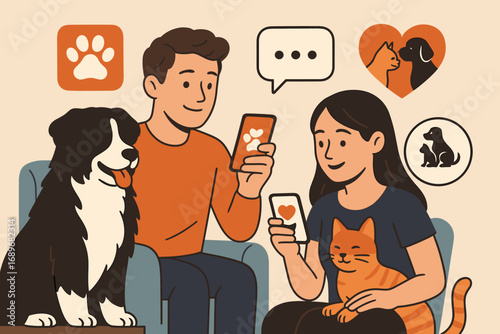 Pet Adoption App. Scene with pets and people matching via app and digital adoption icon set for profile grid, paw filter, chat