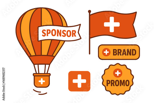 Balloon Launch Branding. Stylized flat vector of balloon taking off with sponsor flag and branding icon set for logo panel, waving