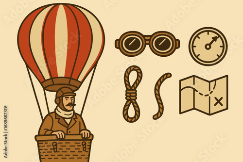 Balloon Adventure Icons. Illustrated banner of balloon pilot in basket and adventure icon set for goggles, altitude bar, rope