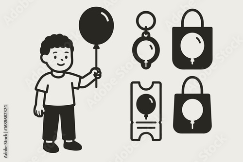Child with Souvenirs. Modern vector panel showing child holding balloon souvenir and merch icon set for keychain, balloon print,