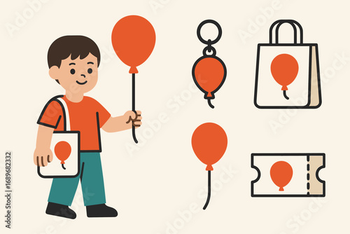 Child with Souvenirs. Modern vector panel showing child holding balloon souvenir and merch icon set for keychain, balloon print,