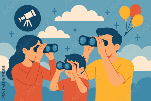 Family Sky Observers. Creative banner featuring family with binoculars and observation icon set for scope, cloud layers, balloon